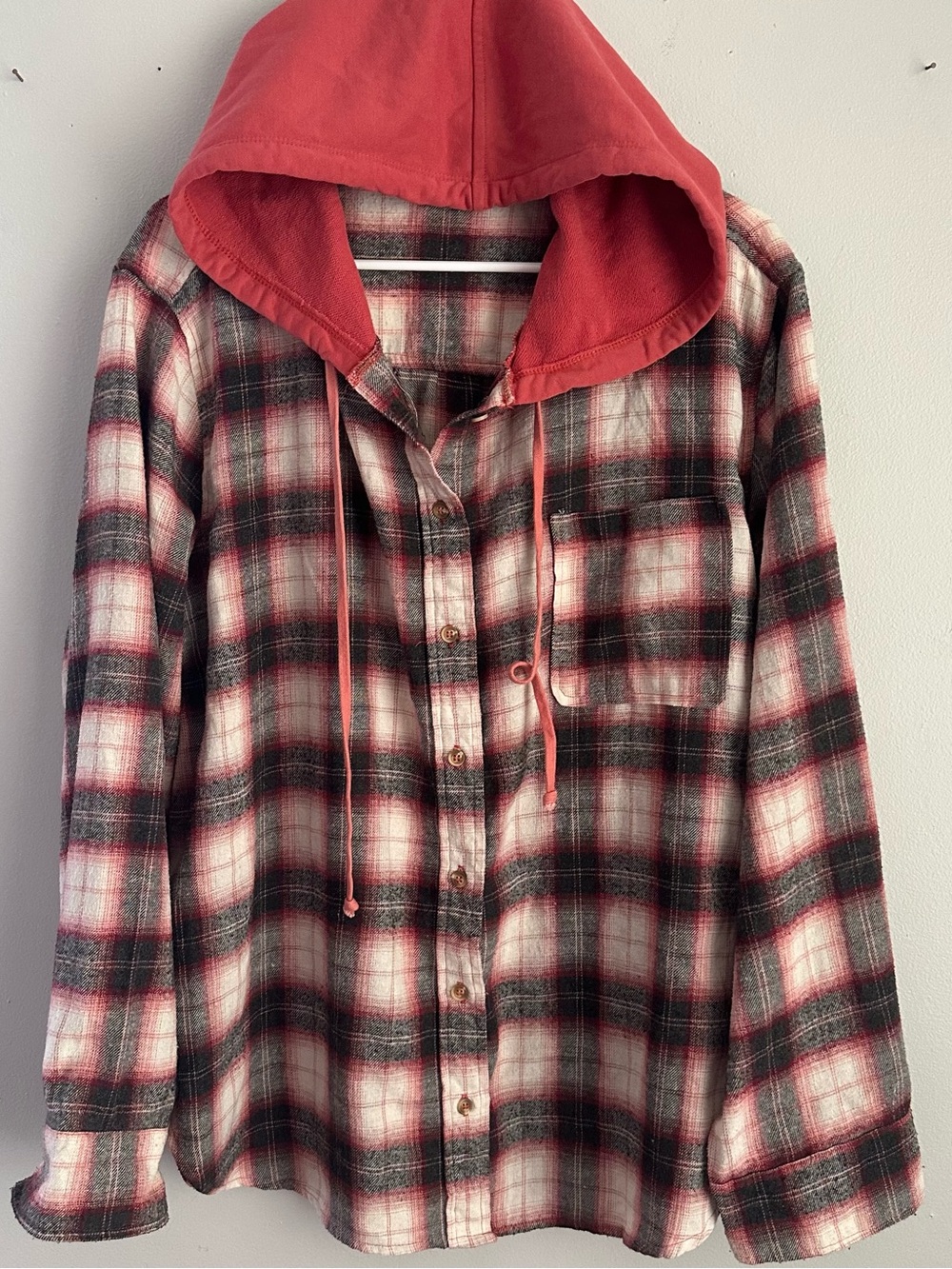 Women's Easel 1X Plaid Flannel Button Down hooded hoodie top shacket 1xl fall